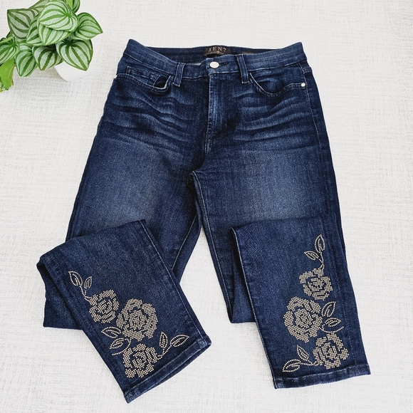 7 For All Mankind Denim - 7 For All Mankind Jen 7 High Rise Ankle Jean Brass Metallic Embellished Floral